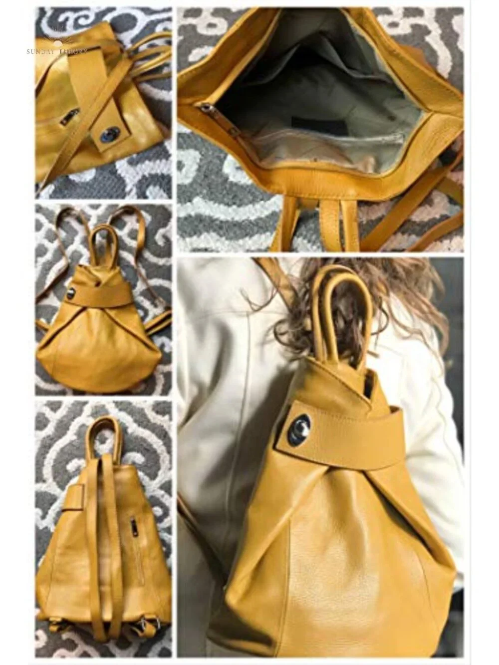 Convertible Italian Leather Backpack Tote Triangle Square Anti-Theft 3-in-1